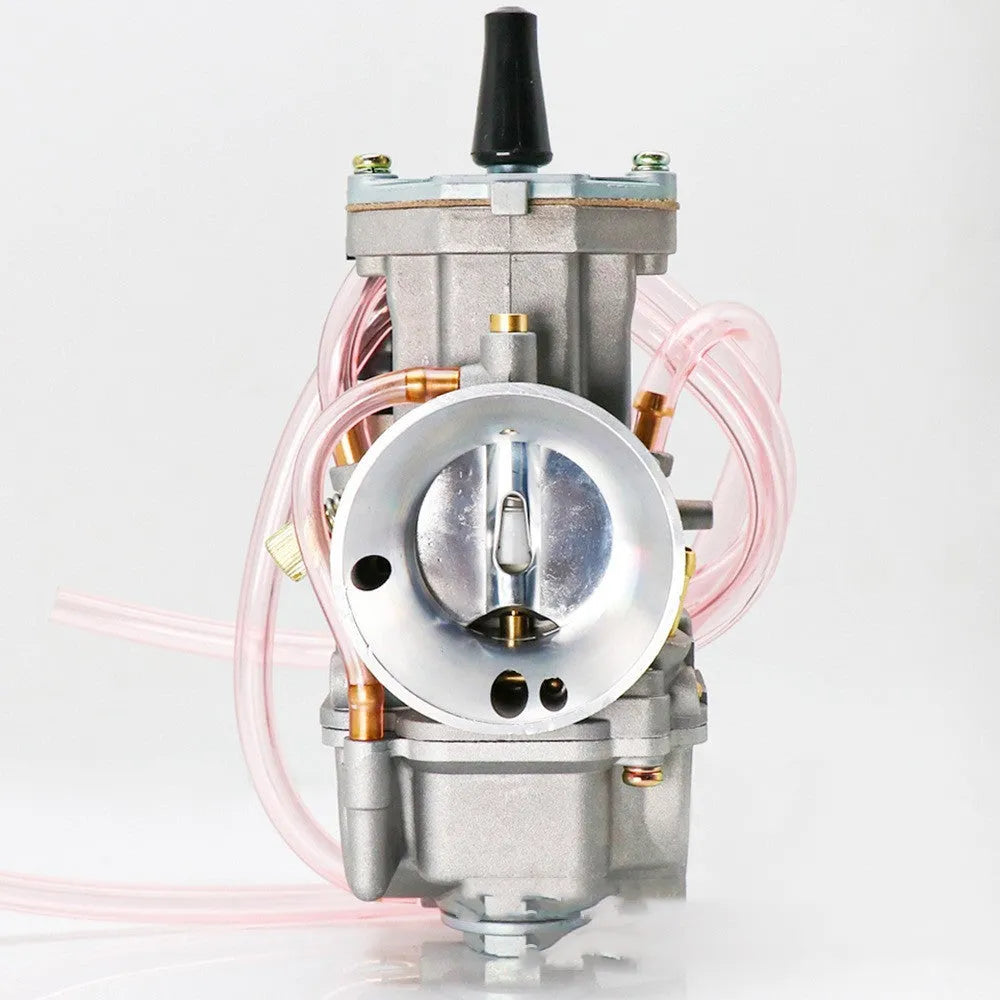 Sandblasted PWK motorcycle carburetor kit with size options from 21mm to 34mm bore.