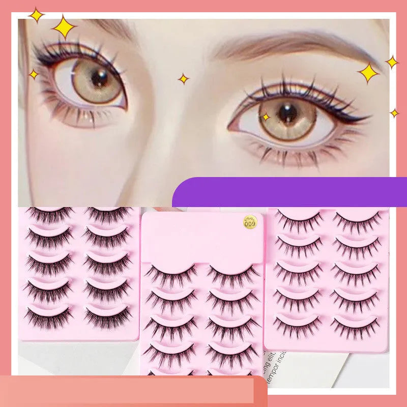 Set of five pairs of black wispy manga-style false eyelashes for anime cosplay and Korean makeup.