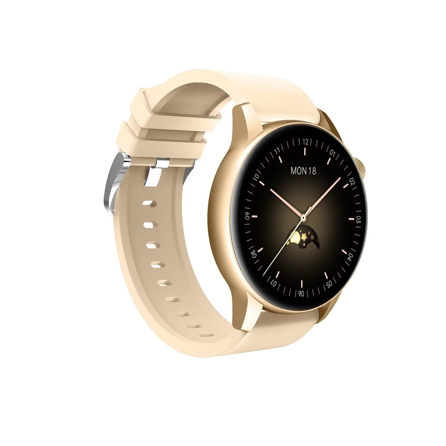 Stainless steel smart watch with a 1.30-inch colour screen in black, pink, or silver.
