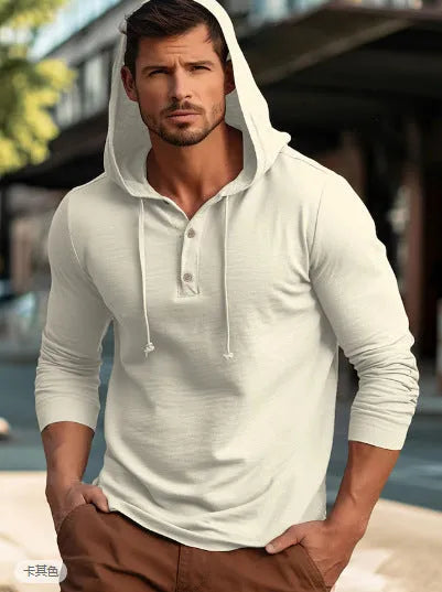 Men's dark blue cotton pullover hoodie with long sleeves on a mannequin