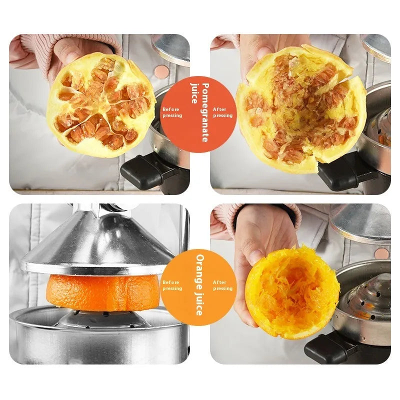 Black or white manual cast iron citrus juicer with stainless steel funnel on a kitchen counter.