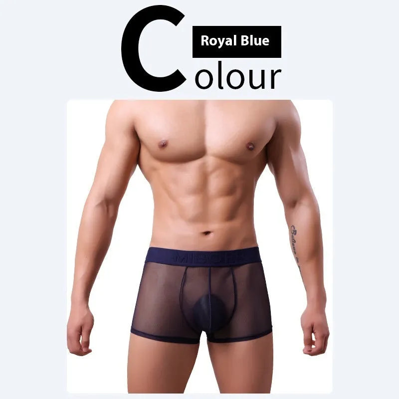Men's thin invisible breathable boxer shorts in solid colours including black, white, and blue.