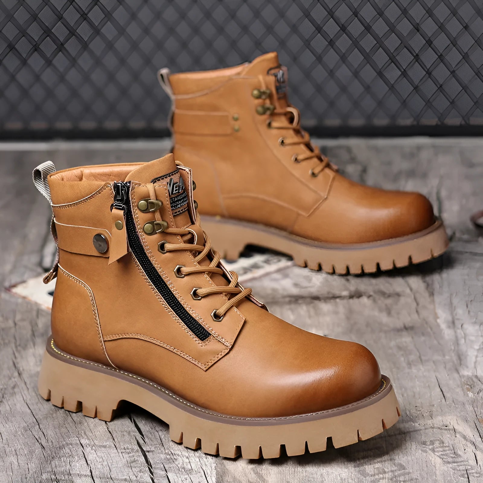 Men's brown thermal Martin boots with side zip and mid-heel design