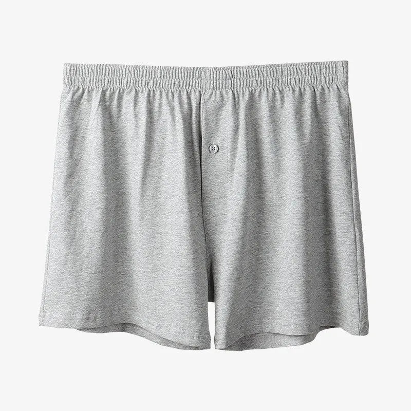 Men's loose fit cotton boxer shorts in light grey, navy blue and black colours with high waist design