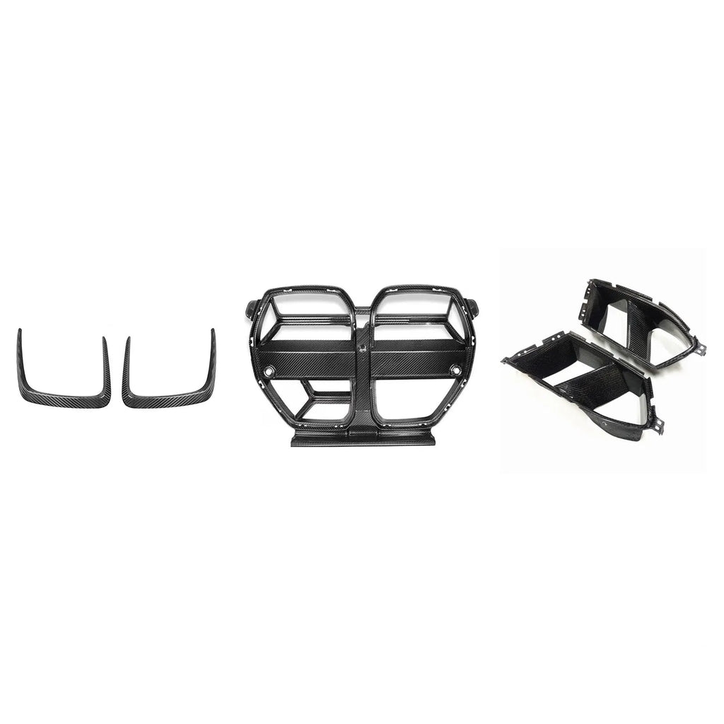 Black dry carbon fibre front bumper grille for BMW M3 M4 models with 3K weave pattern