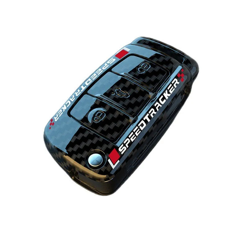 Carbon fibre style car key cover with mirrored finish in white and carbon colour options