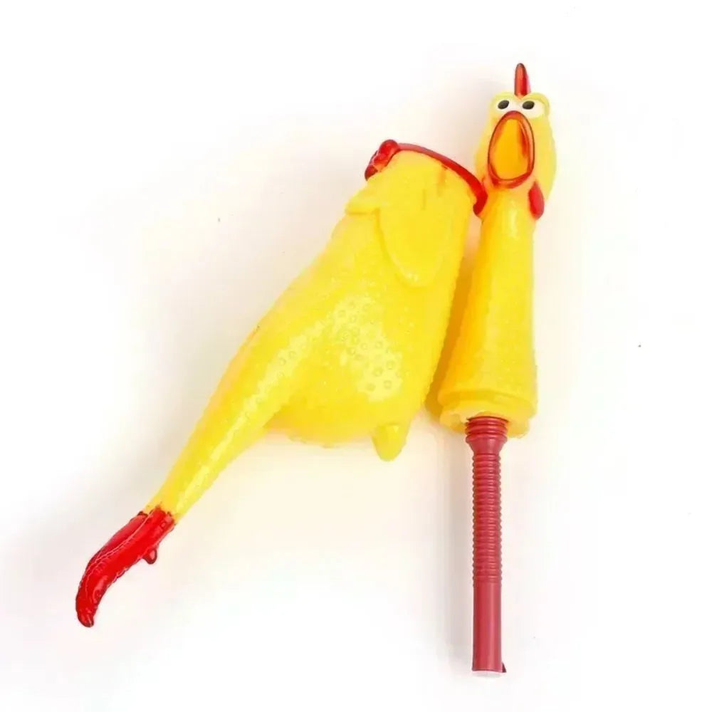 Yellow rubber squeaking chicken dog toy available in multiple sizes for pet chewing and play