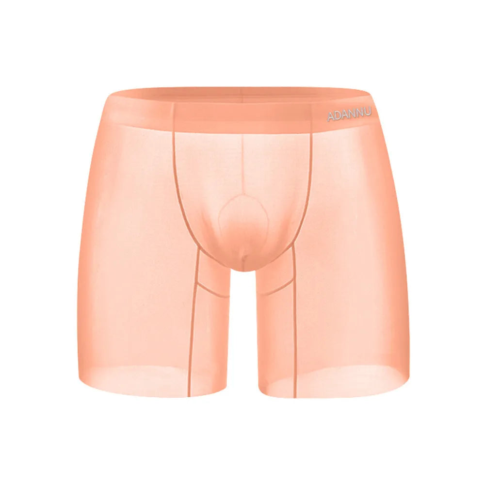 Men's seamless sports boxer briefs in orange, pink, or red, showing low-rise waist and short-length design.