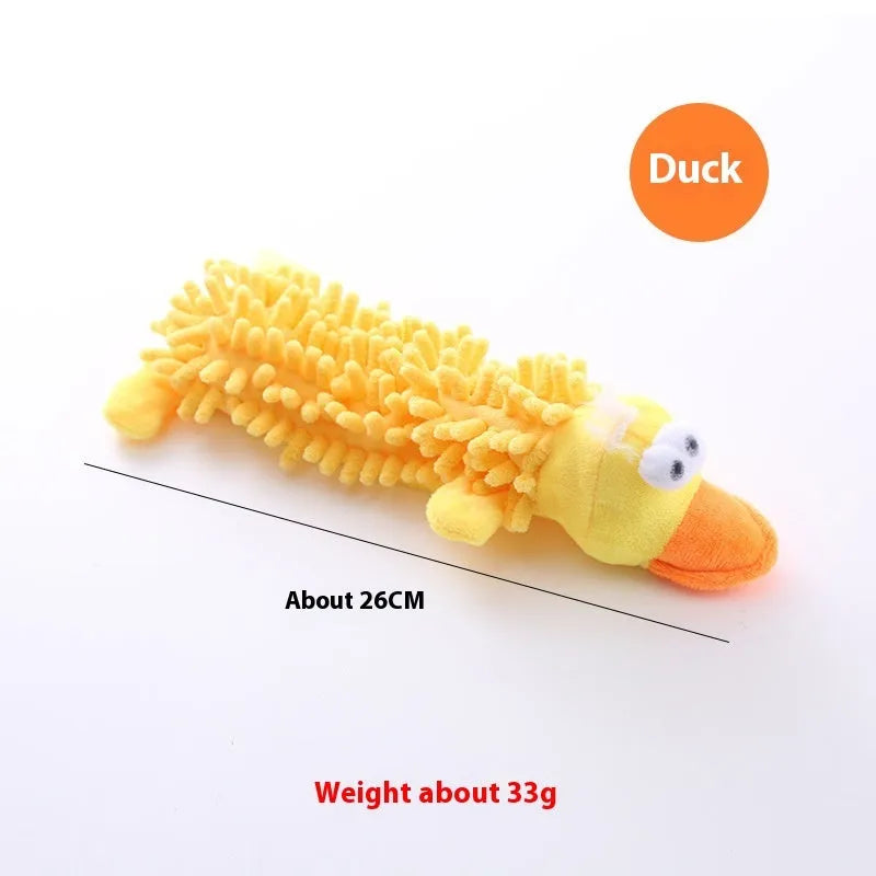Plush horse molar dog chew toy in animal designs including brown dog, yellow duck, white chicken