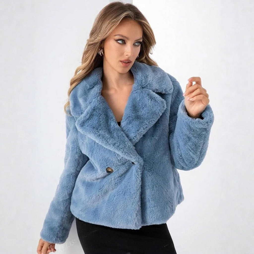 Women's loose short faux fur coat in Rose Red colour with regular sleeves and 50cm length