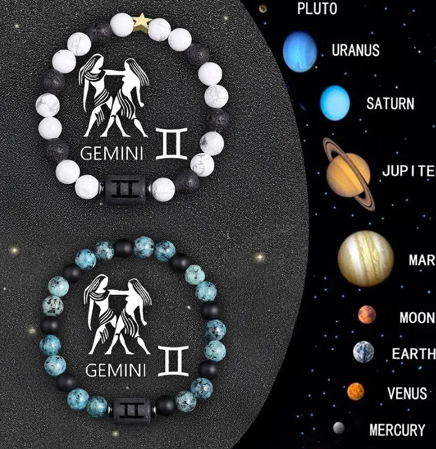 Natural stone beaded zodiac bracelet set showing twelve astrological signs