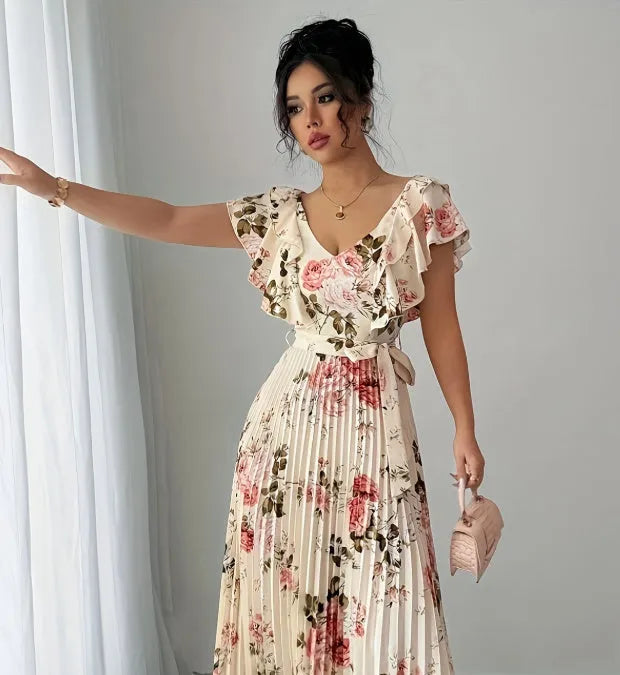 Apricot floral print dress with V-neck, ruffled short sleeves and oversized swing skirt