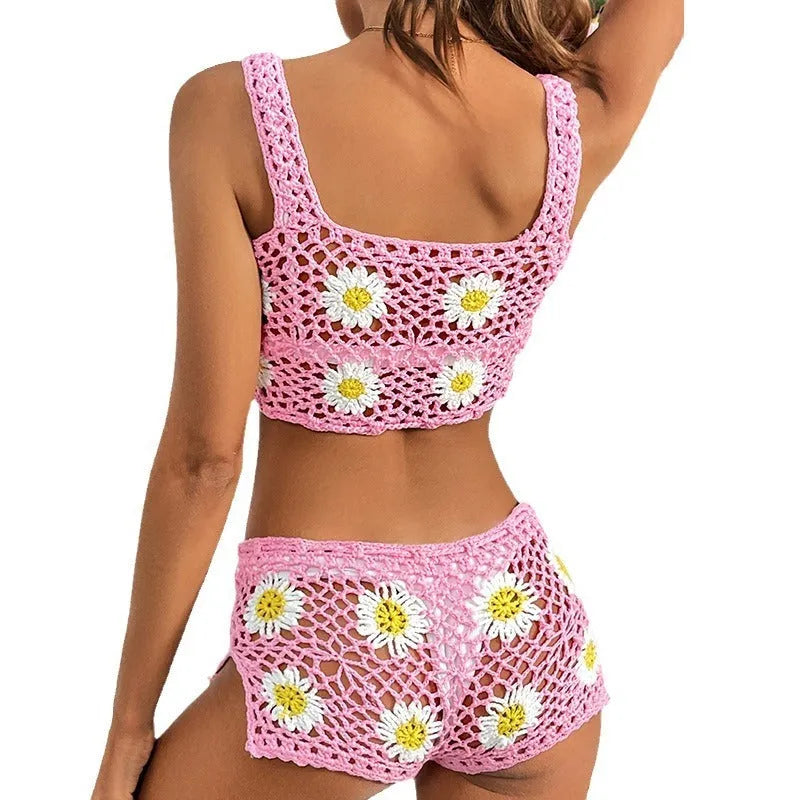 Women's floral pattern swimsuit bikini in light green or pink, made from hollow yarn acrylic fabric