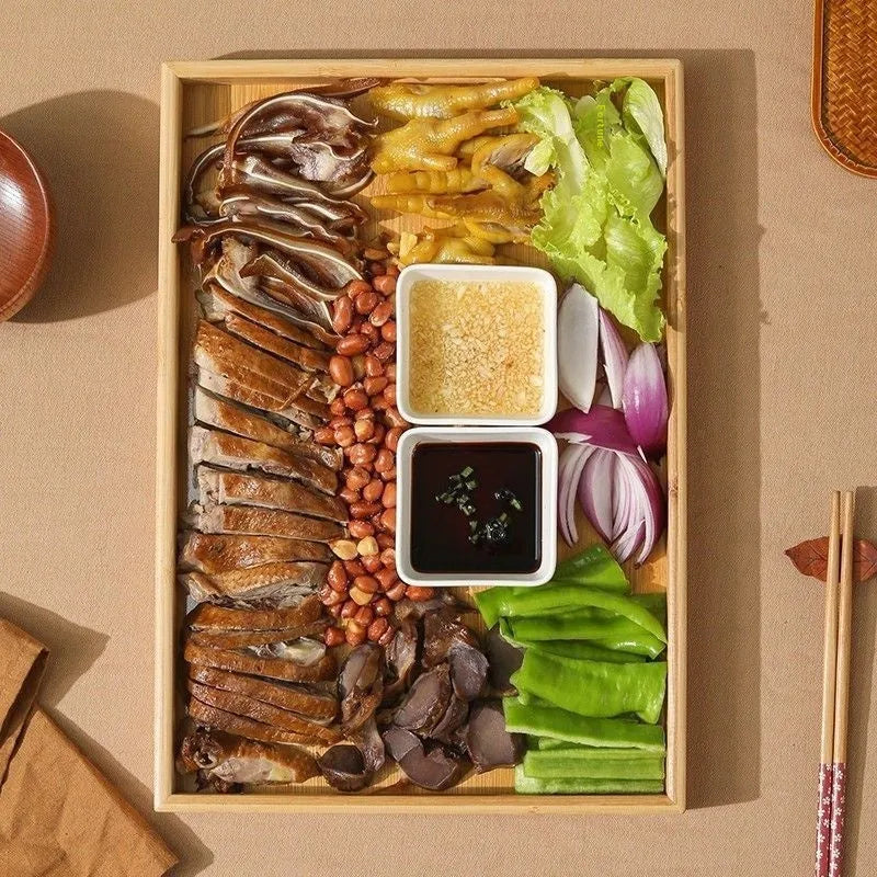 Square bamboo tray with brown handle for barbecue shops and commercial kitchens