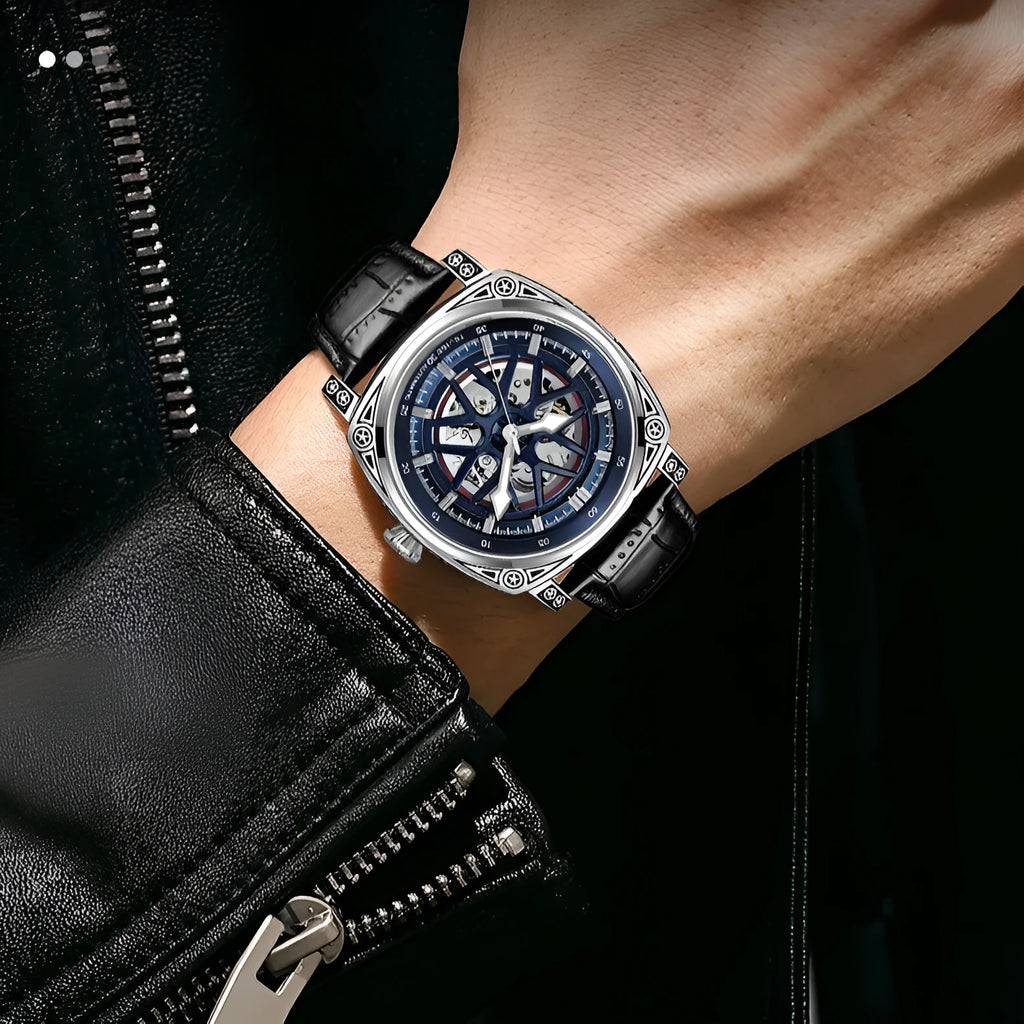 Men's stainless steel automatic watch with blue leather strap showing time display