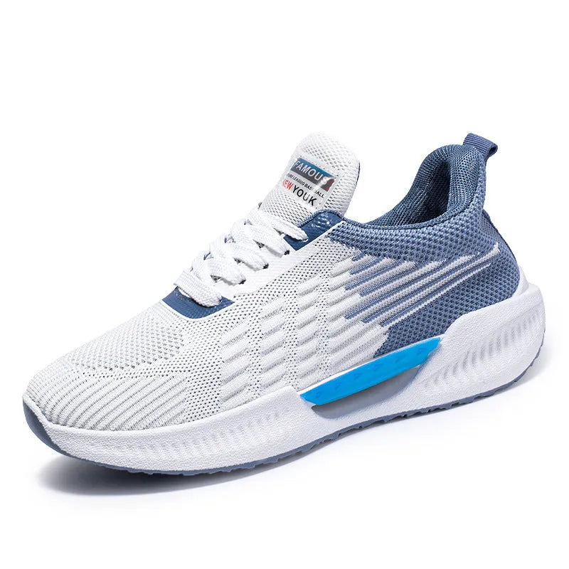 Men's blue casual mesh shoes with round toe and injection moulded sole on a white background.