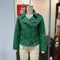 Women's punk short belt lapel jacket in polyester leather with drawstring waist and Peter Pan collar