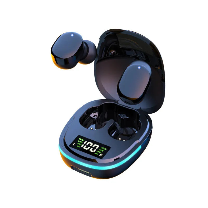 Black true wireless Bluetooth earbuds with charging case and ear tips