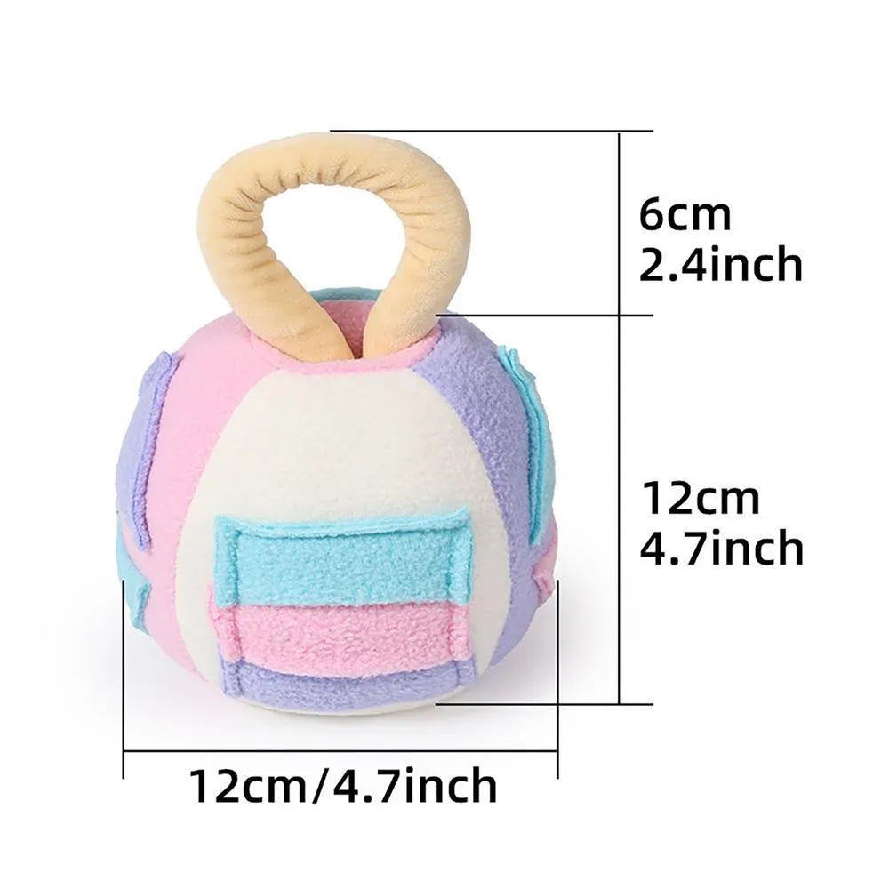 Green or pink polyester dog squeaky plush ball toy with treat pockets