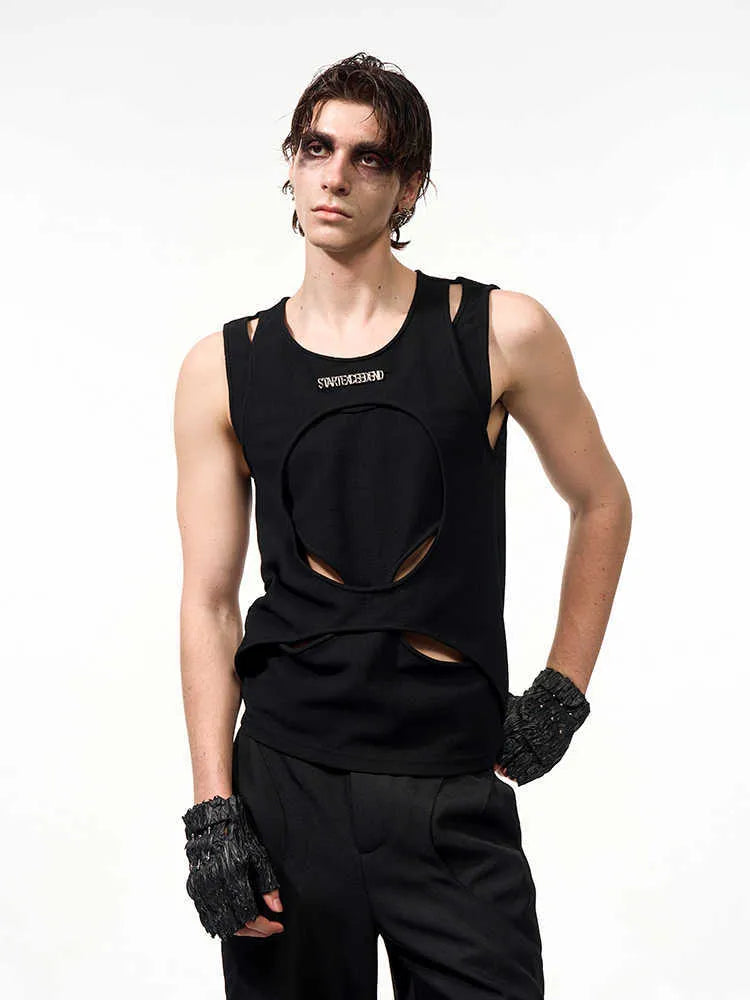 Men's black sleeveless loose-fit pullover waistcoat with a round neck, shown on a hanger.