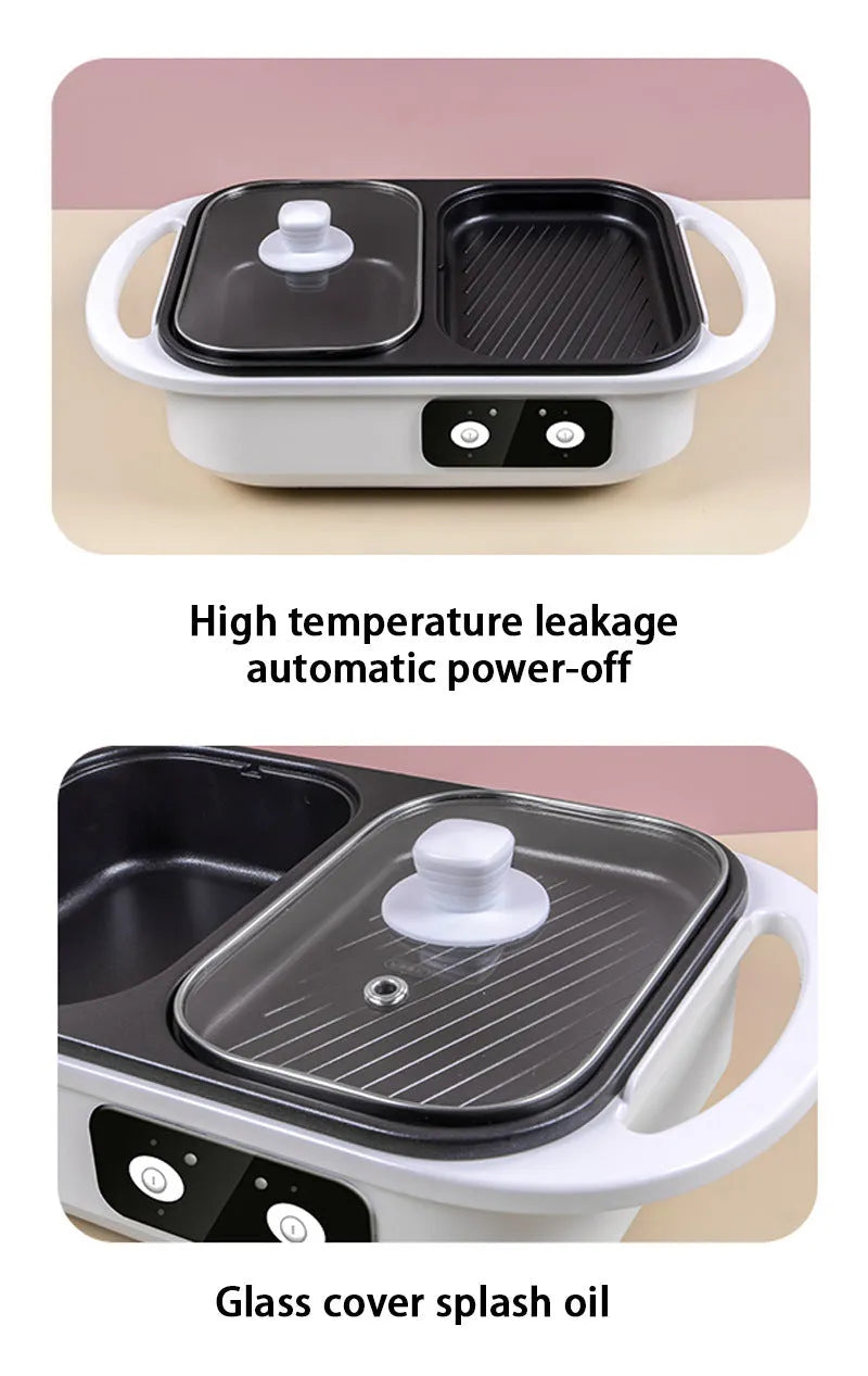 White or green dual-function electric cooking appliance serving as both hot pot and frying oven
