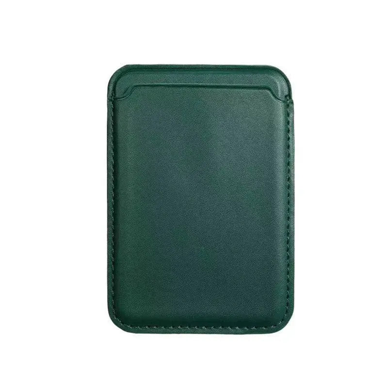 Black PU leather magnetic card holder case attached to the back of an iPhone