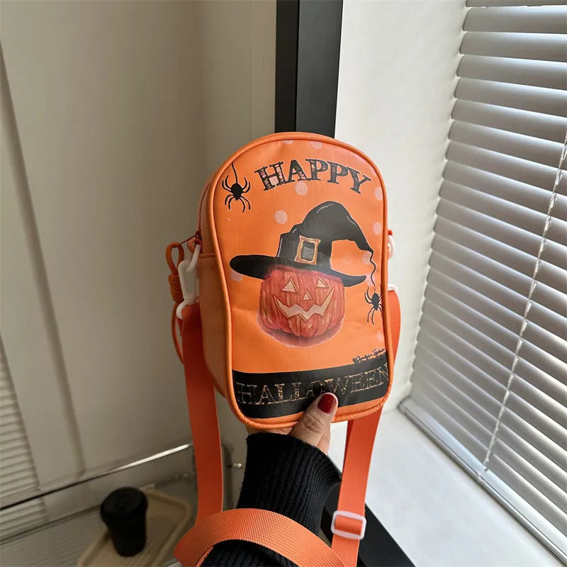 Halloween graffiti PU phone bag with pumpkin ghost bat cartoon print, crossbody shoulder bag