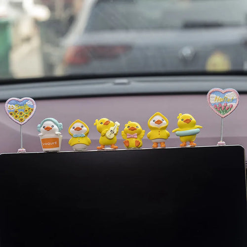 PVC cartoon duckling car decoration set with six ducks and one sign for dashboard or windscreen