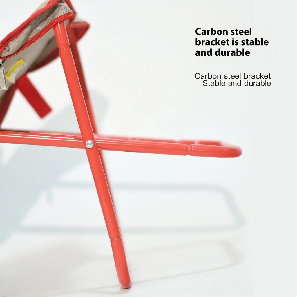 Outdoor foldable pencil box stool with Oxford cloth seat shown in khaki colour, folded and unfolded.
