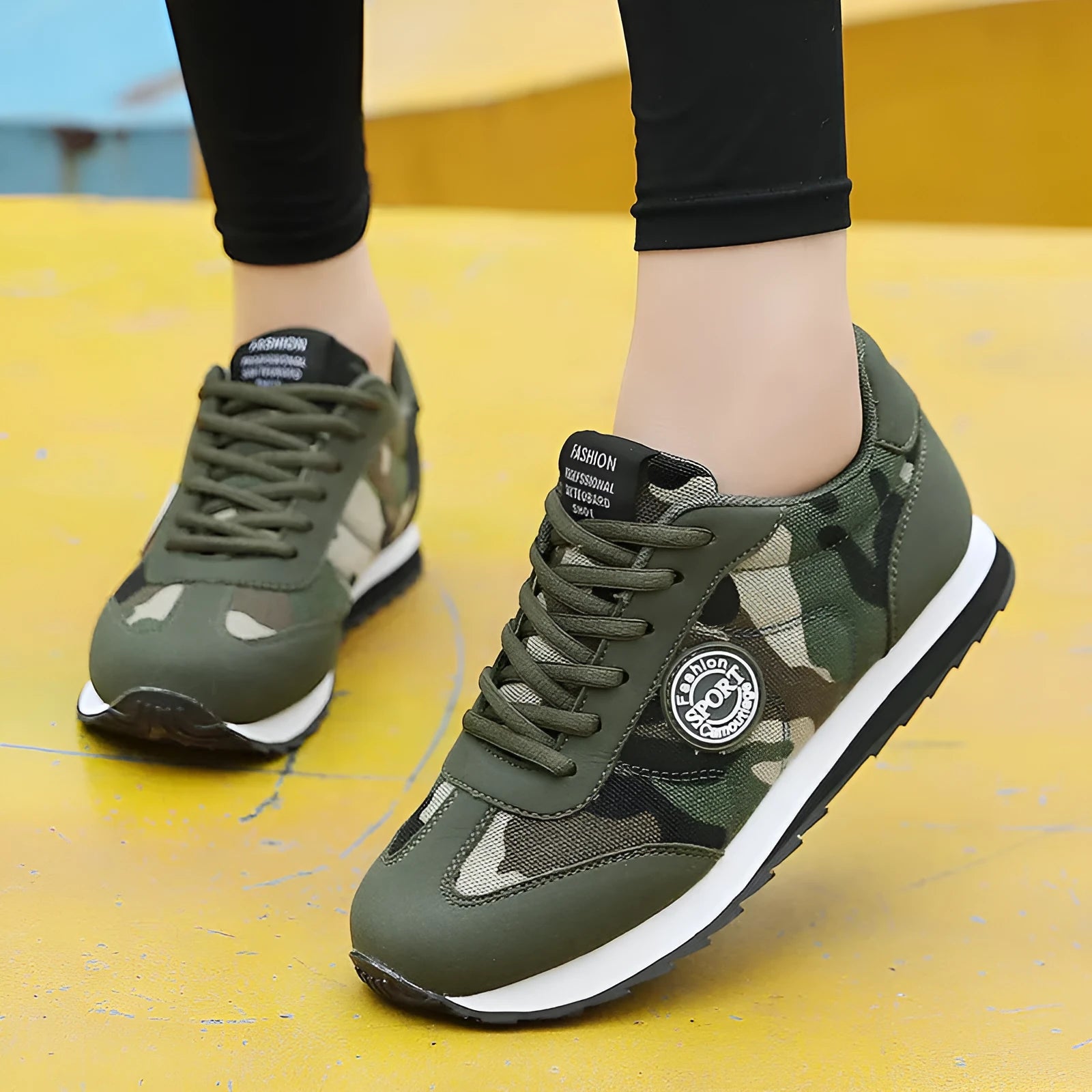 Camouflage pattern suede running shoes with mesh lining and foam sole on size chart background