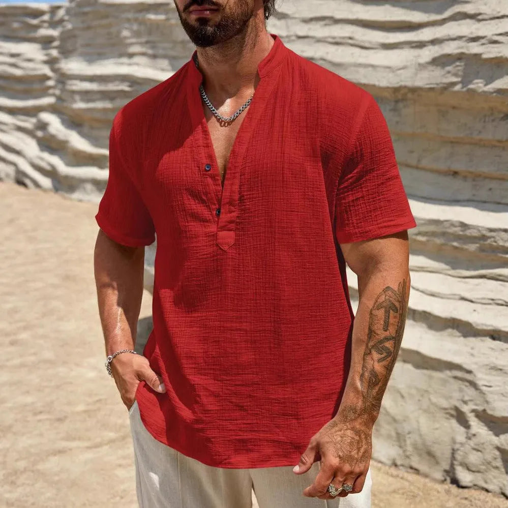Men's solid colour short sleeve stand collar casual shirt on a hanger