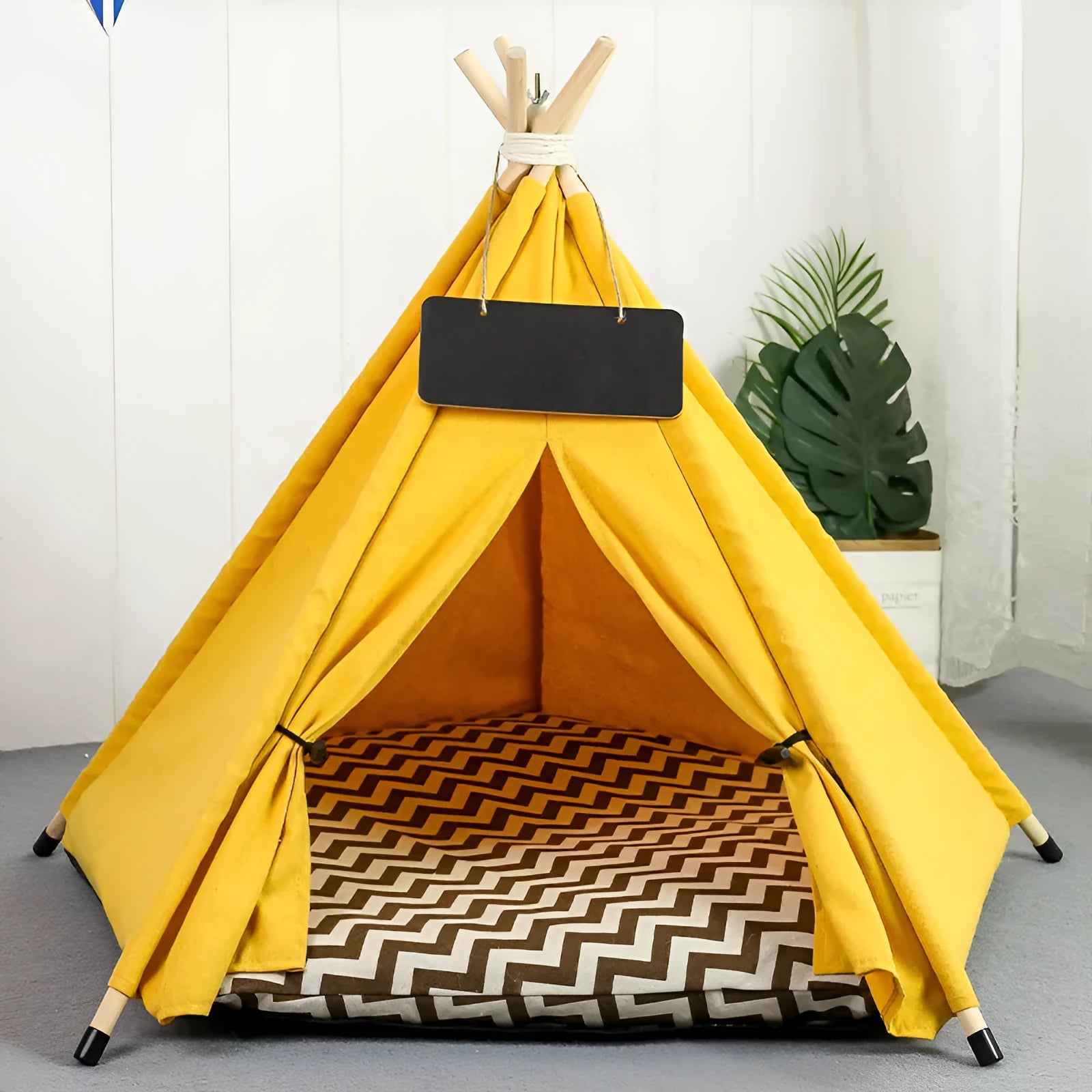 White flax and linen pet teepee tent with striped cushion inside, for small dogs or cats.