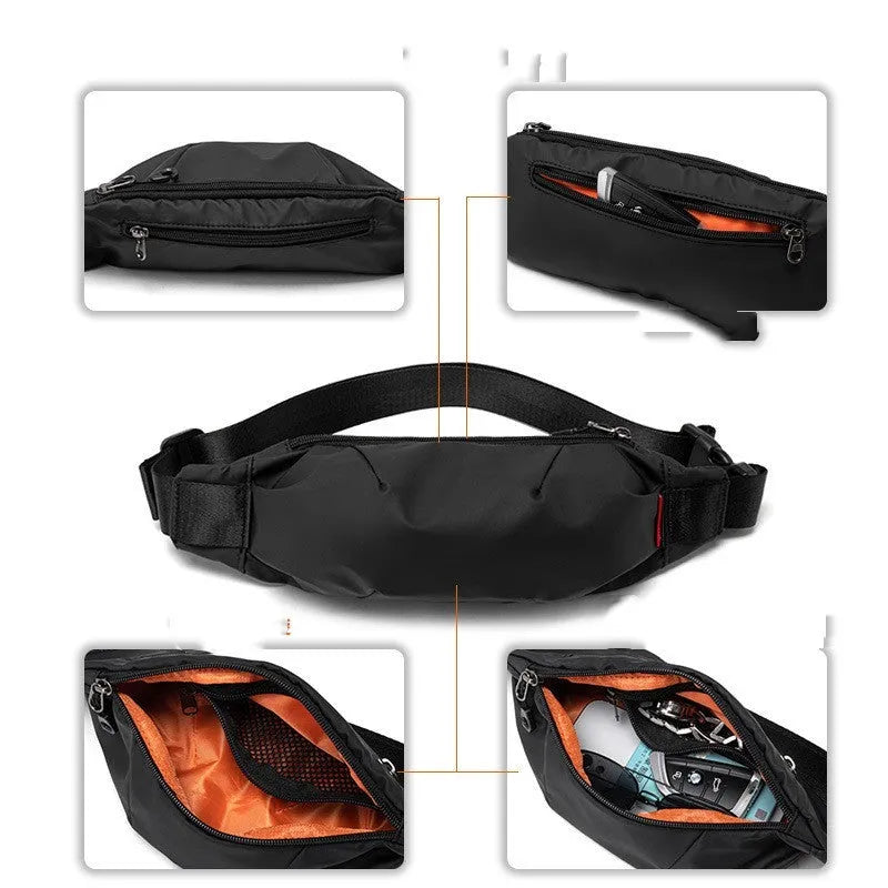 Black oxford cloth men's waist pack showing zipper opening and internal organisation pockets.