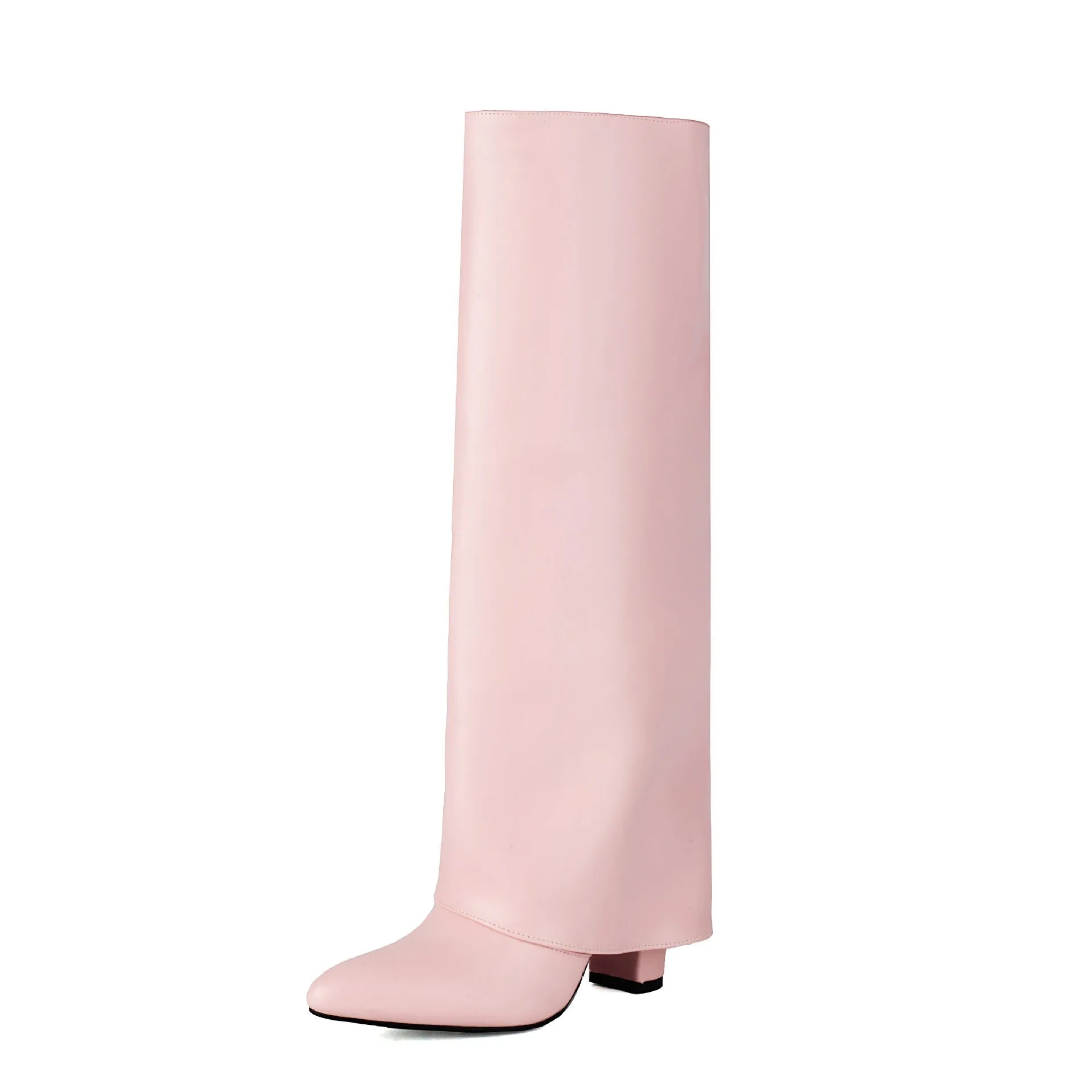 Women's black plus size high-heel winter boots with knee-high shaft and sewn detailing.