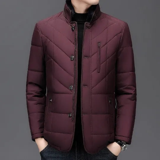 Men's dark blue quilted short winter coat with side pockets