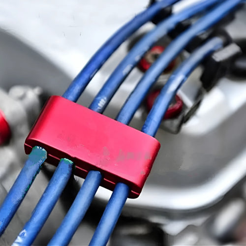Three-piece metal car fastening clamp in assorted colours, shown with metal fixed sleeve, scale showing 55x30x25mm dimensions.