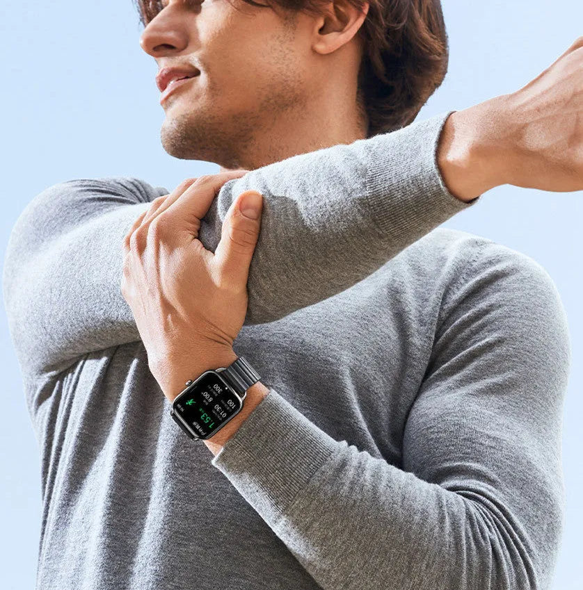 HAYLOU RS4 Plus smartwatch in black, silver, or champagne with AMOLED screen and silicone strap.
