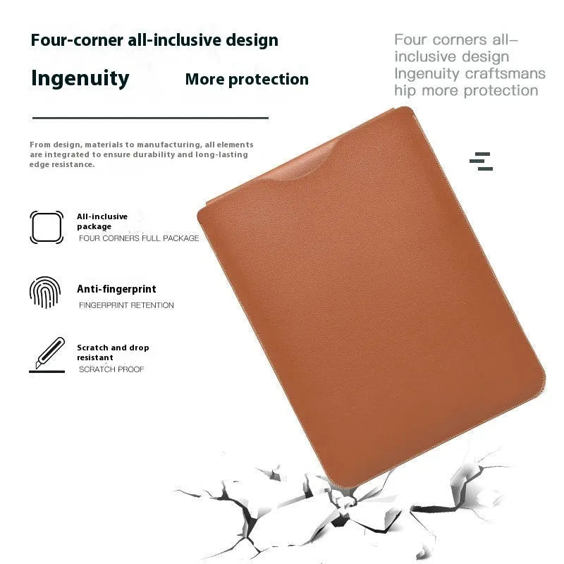 Four-piece set of imitation leather lock edge protective covers for MacBook Pro laptops in apricot, brown, grey, and pink.