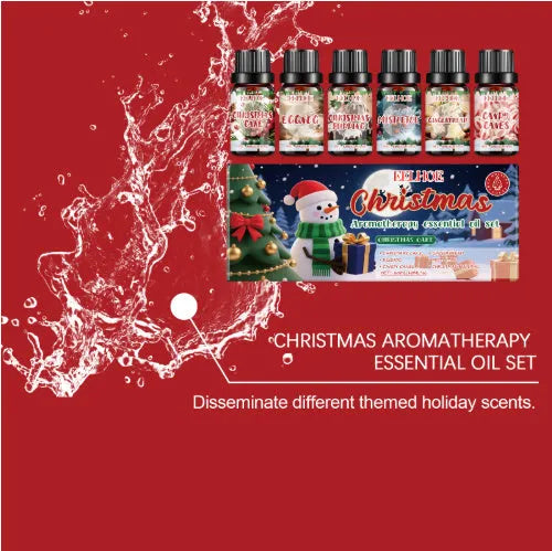 Six bottles of Christmas aromatherapy oil set with 60ml volume for festive home scenting.