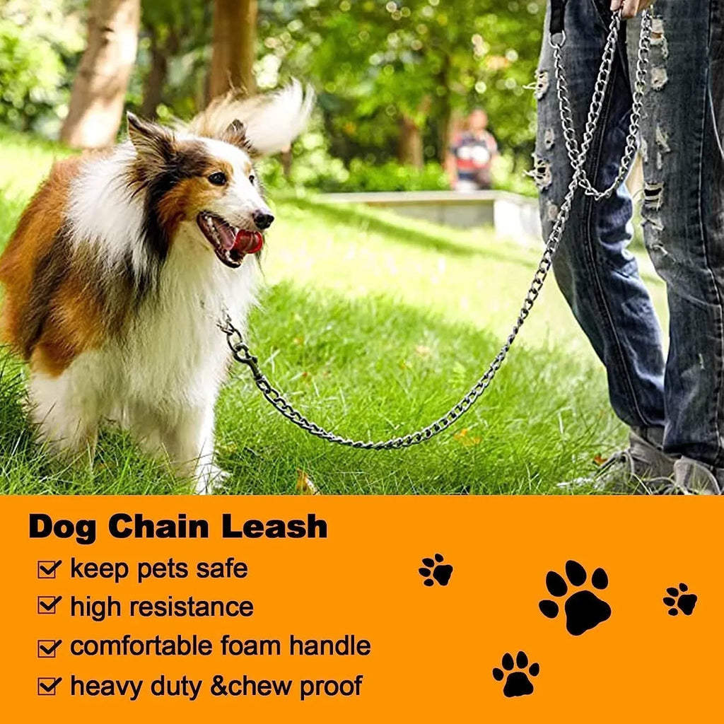Heavy duty metal dog leash chain with soft padded handle in black, blue or red colours