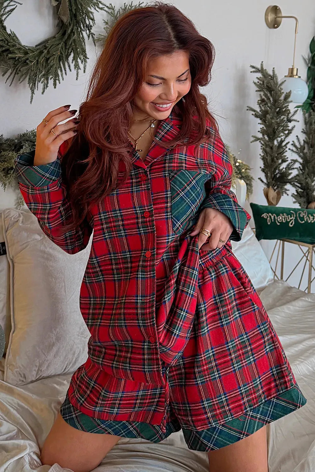 Red plaid Christmas holiday pyjama set with long sleeve shirt and shorts featuring contrast patched design