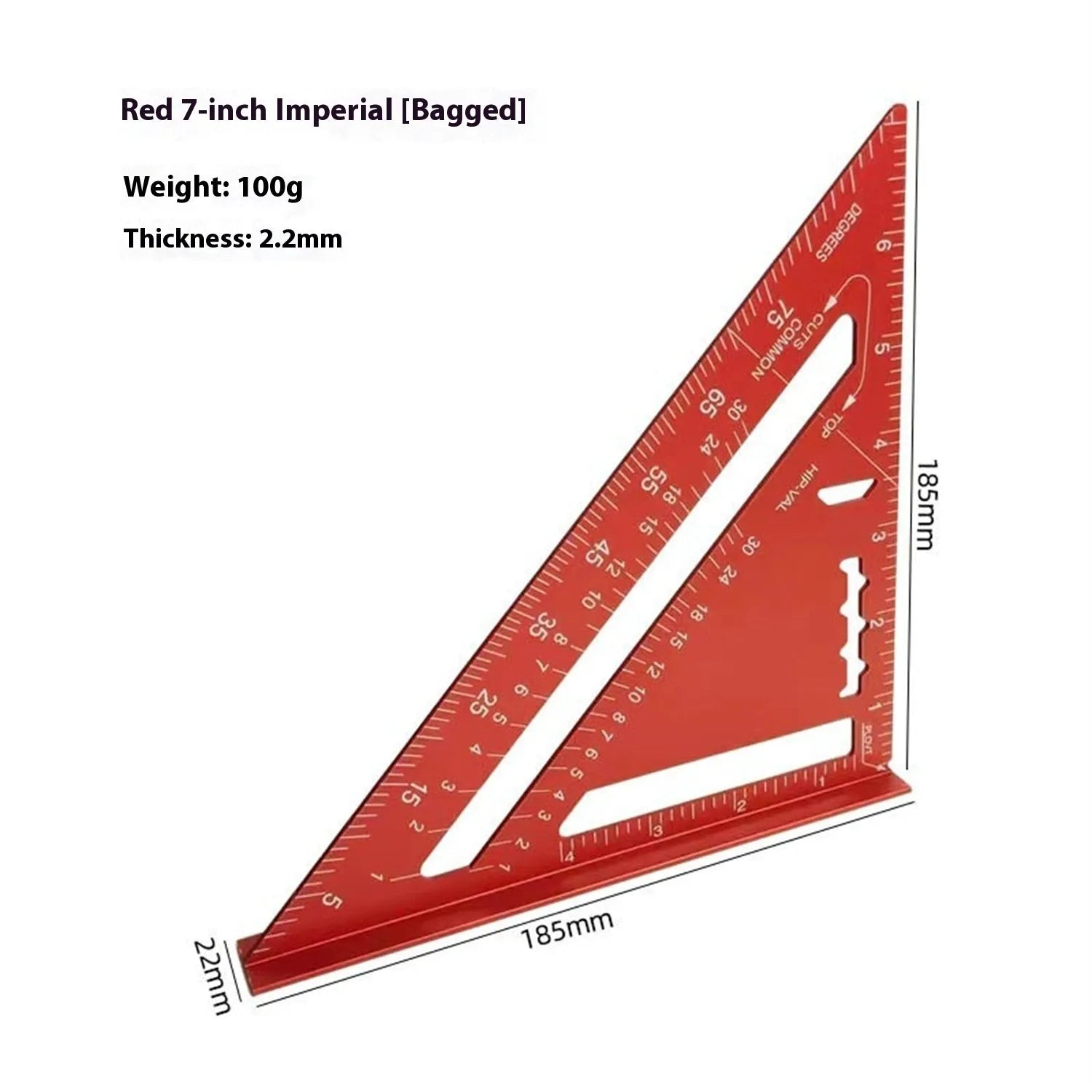 Red thin 7-inch metal combination angle ruler with dual metric edges for civil surveying