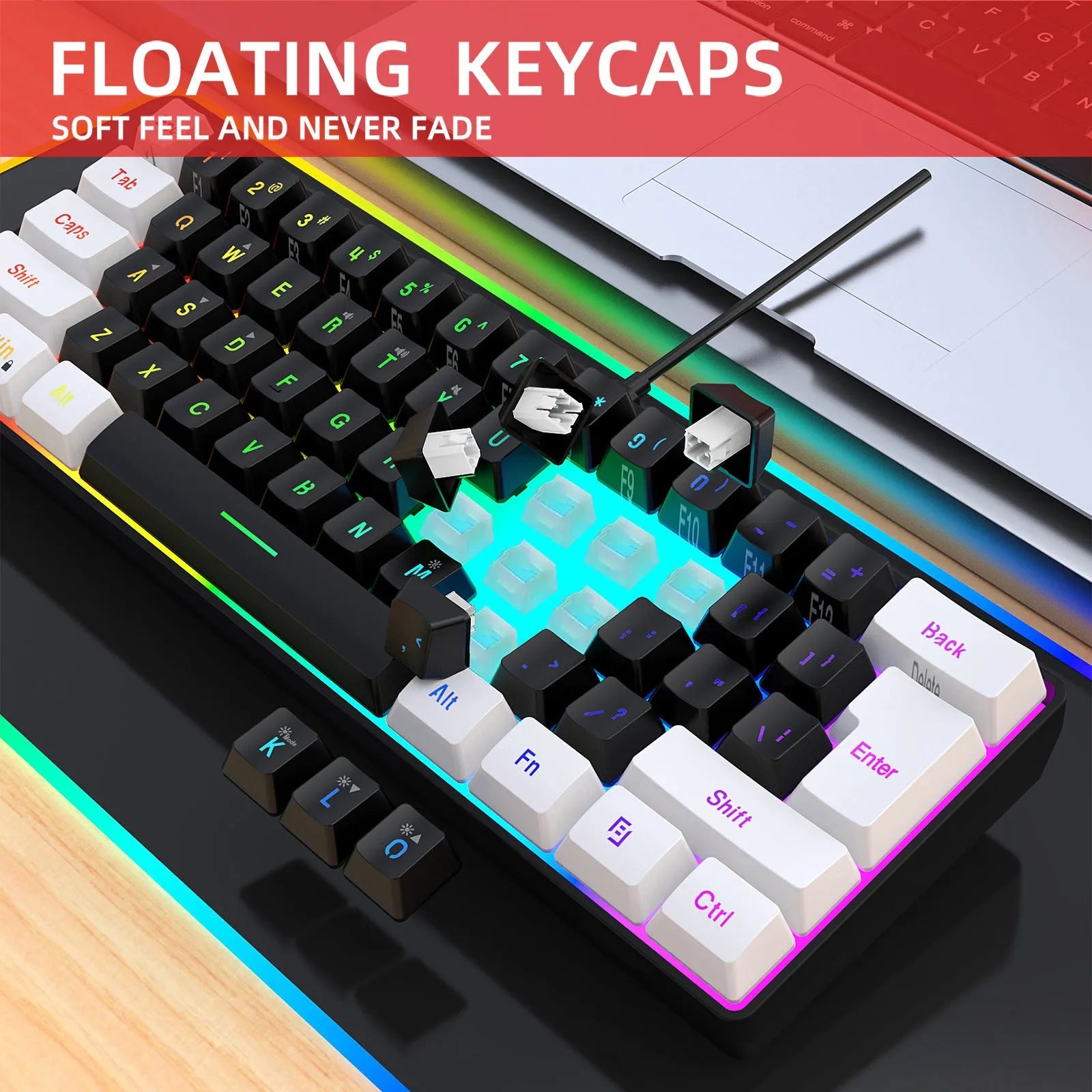 Simple wired 61 key membrane keyboard in white and black colour scheme with UK layout