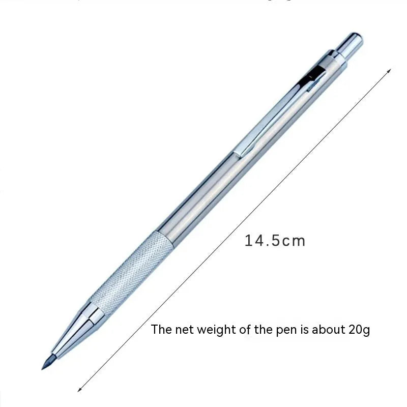 Metal automatic mechanical pencil shown with selectable lead size options including 0.5mm and 2.0mm.