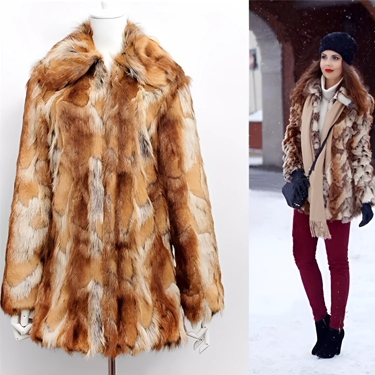 Women's slim-fit faux fur jacket with a bold tiger pattern, long sleeves, and a medium-length cut.