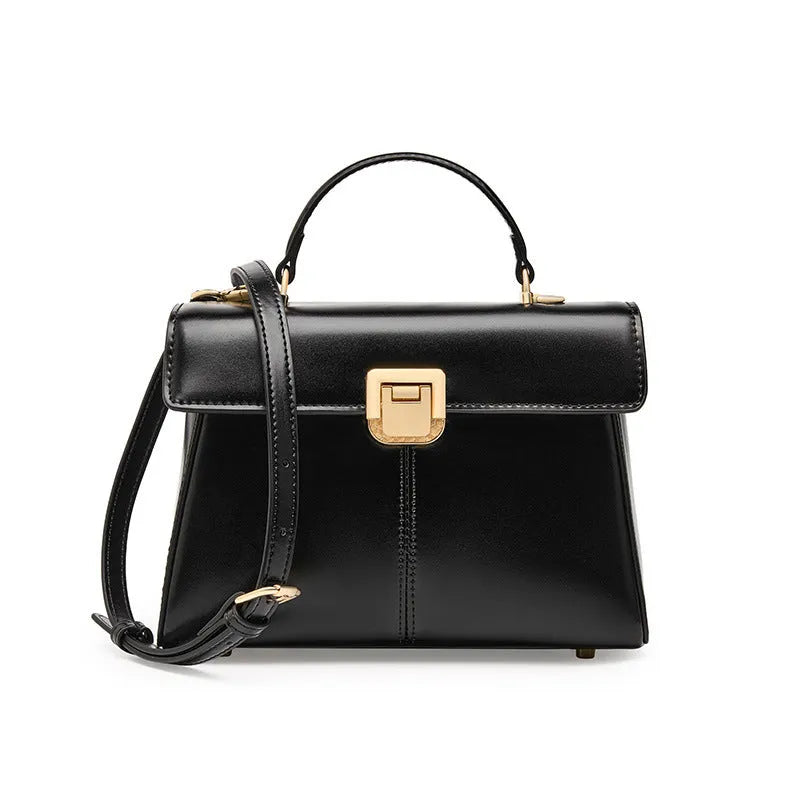 Women's black genuine leather shoulder handbag with vachette clasp in horizontal square shape