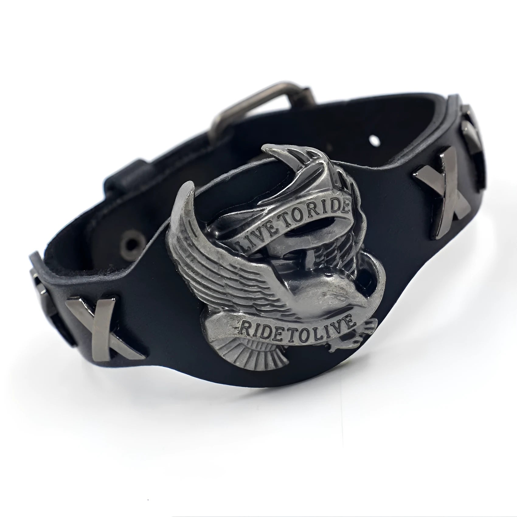 Black geometric bracelet with an alloy eagle watch-buttom on a leather strap.