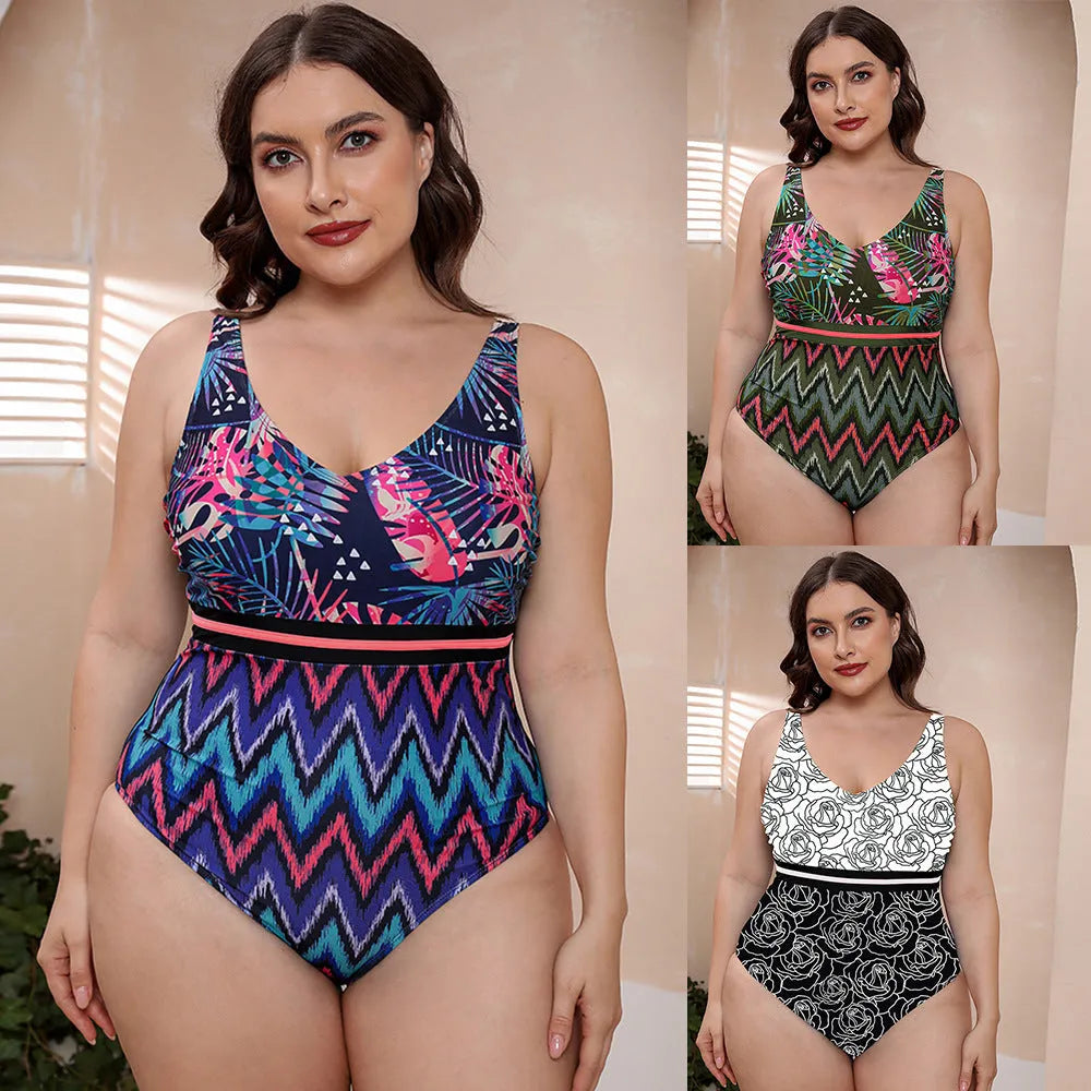 Women's printed one-piece swimsuit with spaghetti straps and striped vest design in blue pattern
