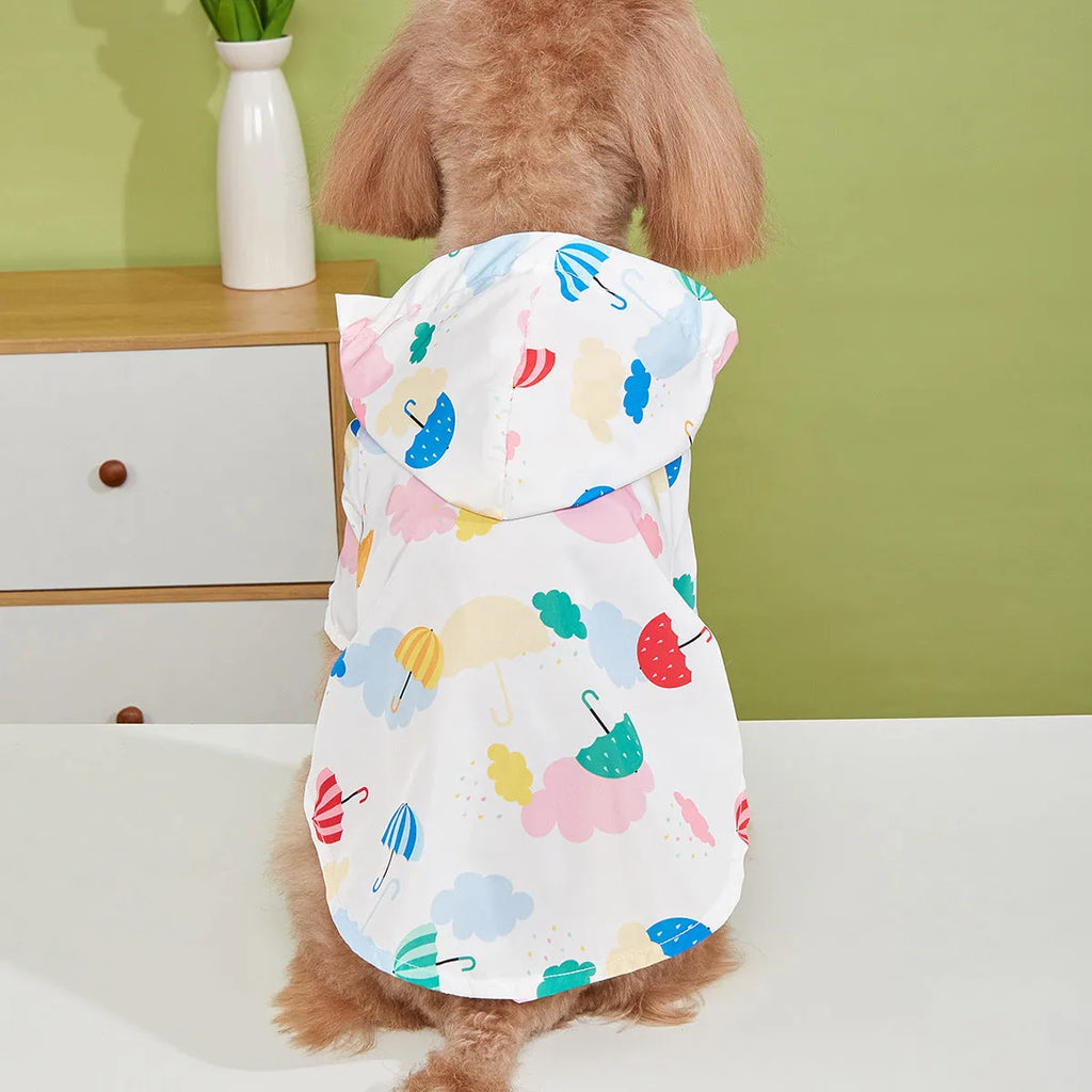 Cartoon umbrella pattern dog raincoat in polyester material showing colourful design