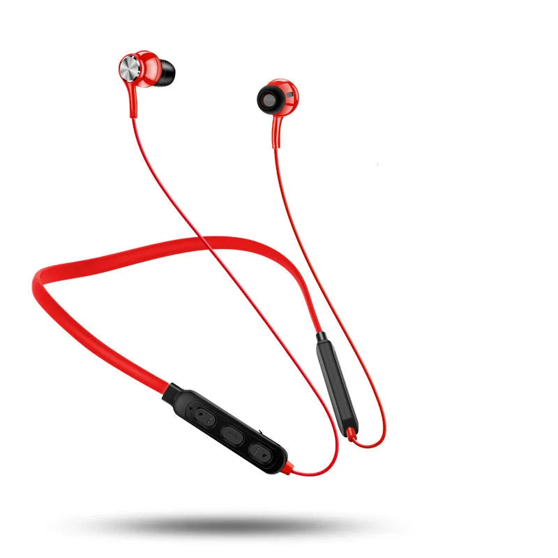 Red neckband sports Bluetooth earphones draped around a neck, showing earpieces and control module.